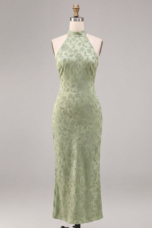 Robe mi-longue sirène imprimé floral vert clair à col halter
