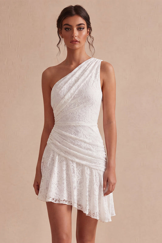 One Shoulder Ruched Lace Asymmetrical Bodycon Little White Dress