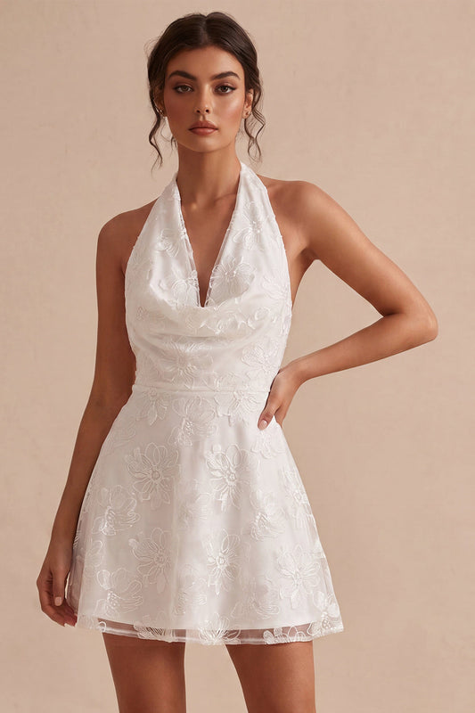 A-Line Halter Neck Floral Little White Dress