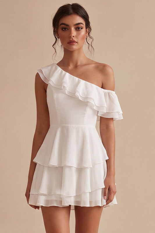 One Shoulder A-Line Chiffon Ruffled Tiered Little White Dress