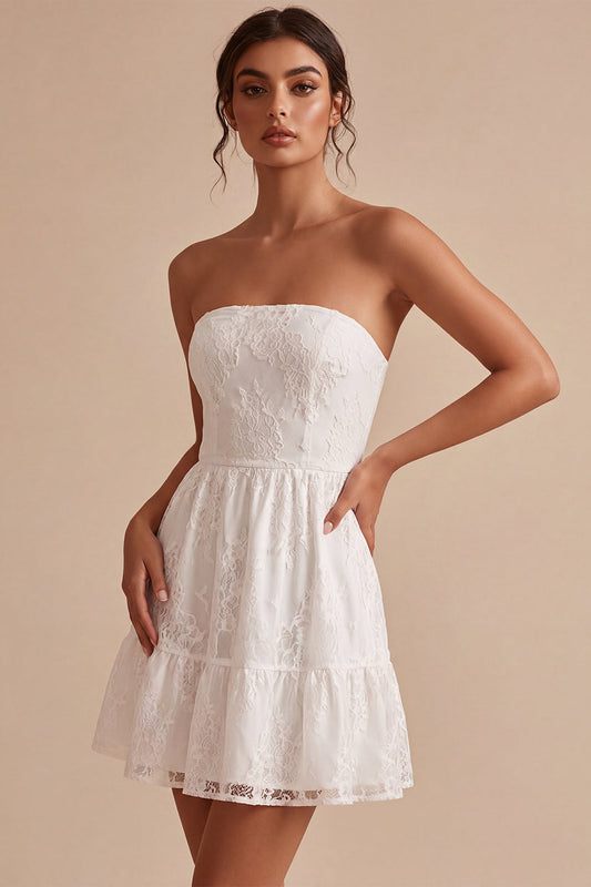 Strapless A-Line Floral Ruffled Little White Dress