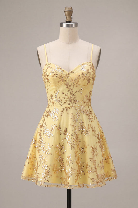 Yellow A-Line Spaghetti Straps Sequins Homecoming Dress