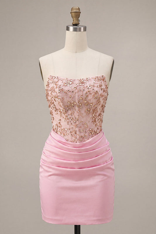 Pink Strapless Bodycon Beaded Ruched Homecoming Dress