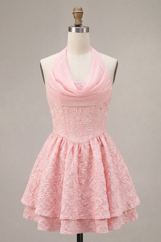 Pink A-Line Cowl Neck Corset Tiered Birthday Dress