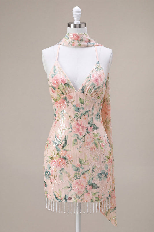 Sparkly White Pink Flower Bodycon Sequin Homecoming Dress with Fringe