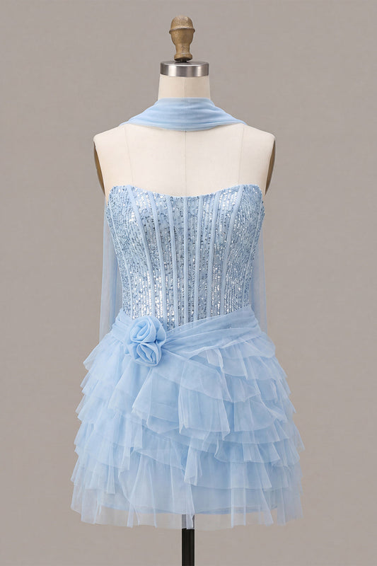 Sky Blue Corset Tiered Sequins A-Line Strapless Homecoming Dress with Neck Scarf