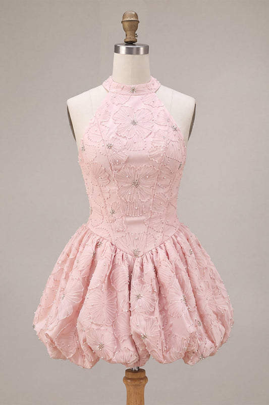 Halter Neck Pink A-Line Floral Corset Jacquard Beaded Homecoming Dress