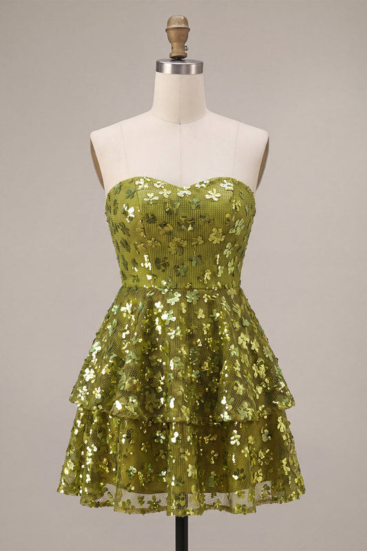 Robe de soirée courte à sequins sans bretelles étagée ligne A vert olive