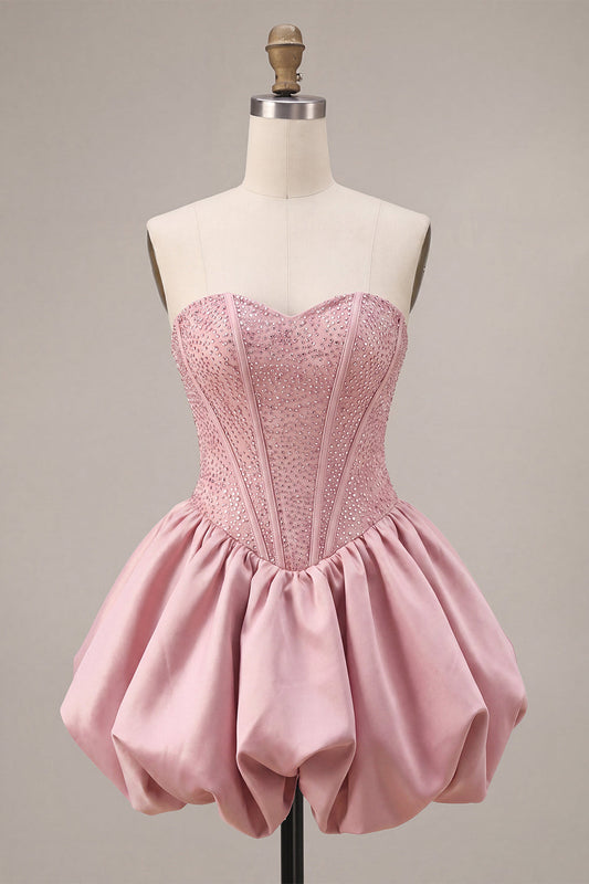 A-Line Pink Strapless Corset Satin Homecoming Dress with Beading