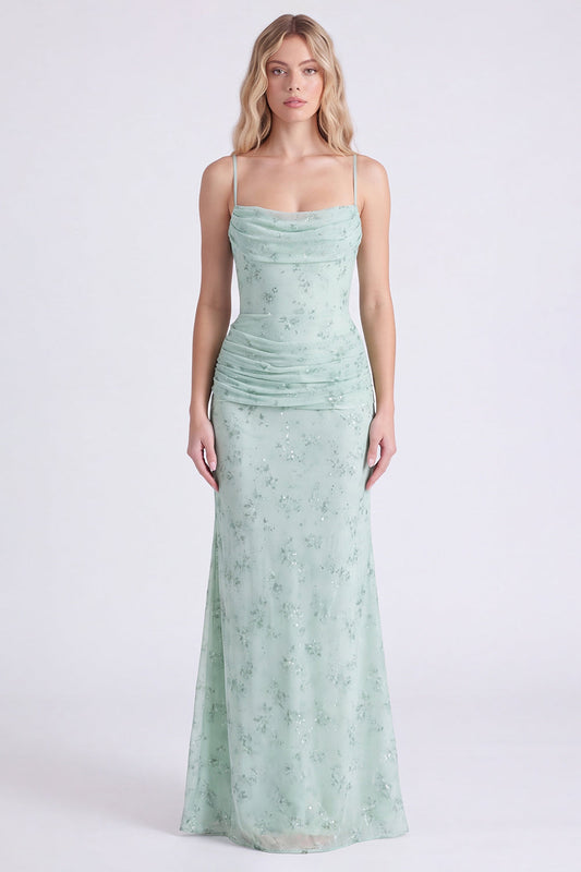 Sage Mermaid Floral Chiffon Spaghetti Straps Long Bridesmaid Dress