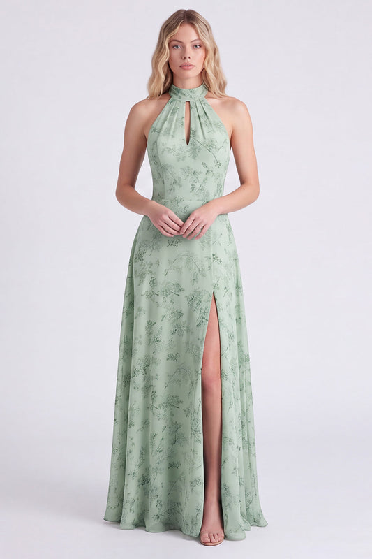 Sage A-Line Halter Neck Floral Chiffon Long Bridesmaid Dress with Slit