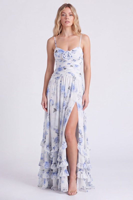 Light Blue A-Line Floral Chiffon Spaghetti Straps Ruffled Long Bridesmaid Dress with Slit