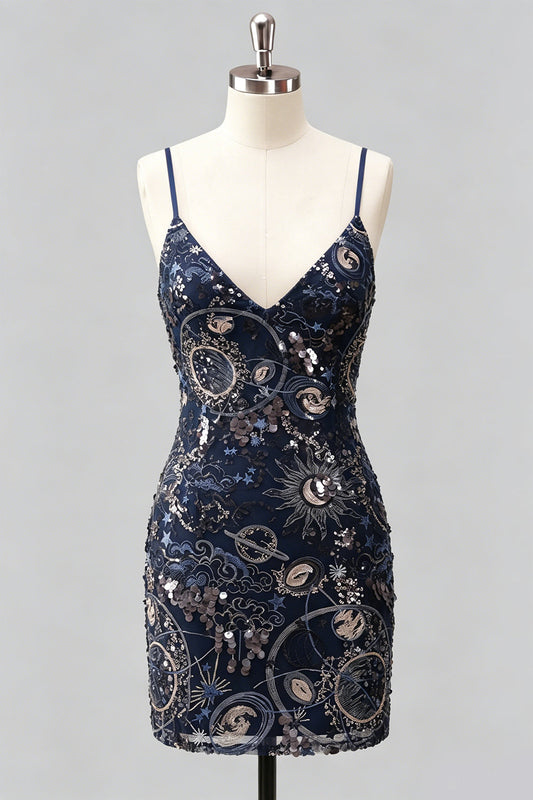Navy Bodycon Spaghetti Straps Sequins Short Homecoming Dress with Lace-Up Back