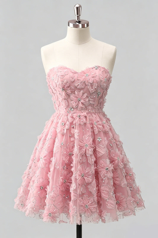 Dusty Rose Sweetheart A-Line Floral Beaded Homecoming Dress with Lace-Up Back