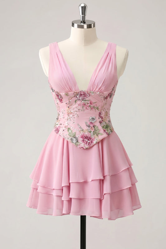 A-Line Pink Floral V-Neck Tiered Sequins Homecoming Dress with Lace-Up Back
