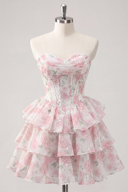 Sweetheart Tiered A-Line Pink Floral Corset Short Homecoming Dress
