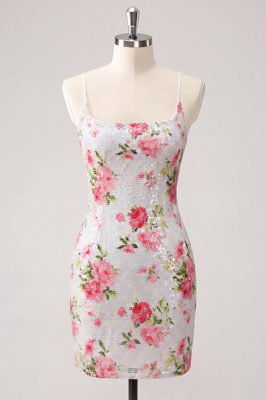 Sparkly White Bodycon Spaghetti Straps Floral Sequins Homecoming Dress with Lace-Up Back