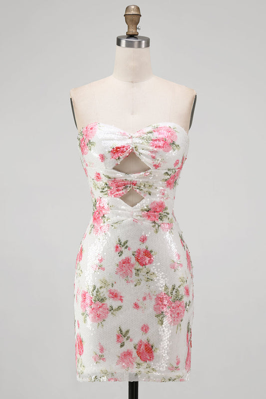 Sparkly Sweetheart White Keyhole Bodycon Floral Sequin Cocktail Dress with Lace-Up Back