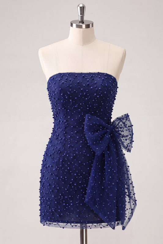 Navy Strapless Beaded Tight Lace-Up Back Short Homecoming Dress with Bow