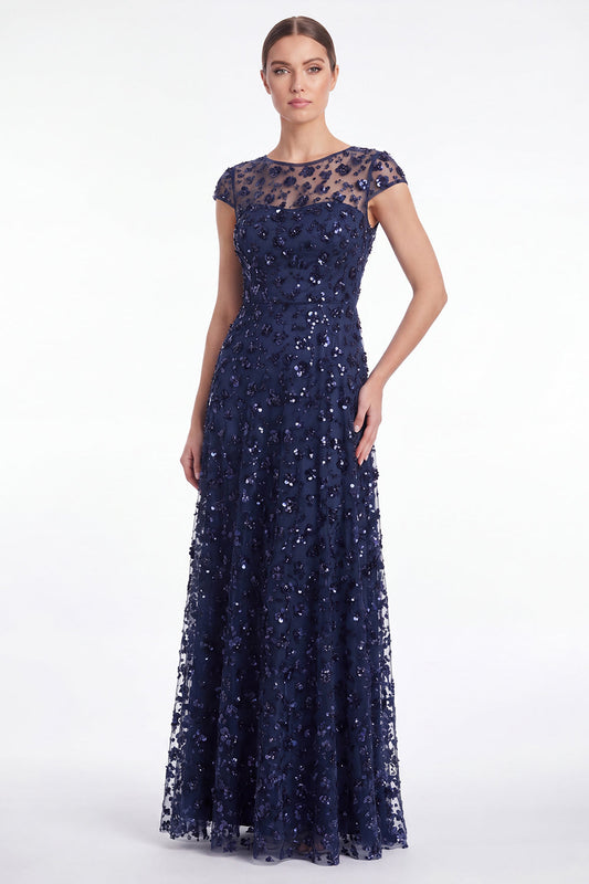 A-line Navy Round Neck Sequins Long Mother Of the Bride Dress with Cap Sleeves