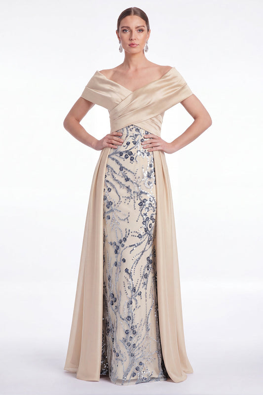 Champagne A-Line Floral Sequin Long Mother Of the Bride Dress with Sash