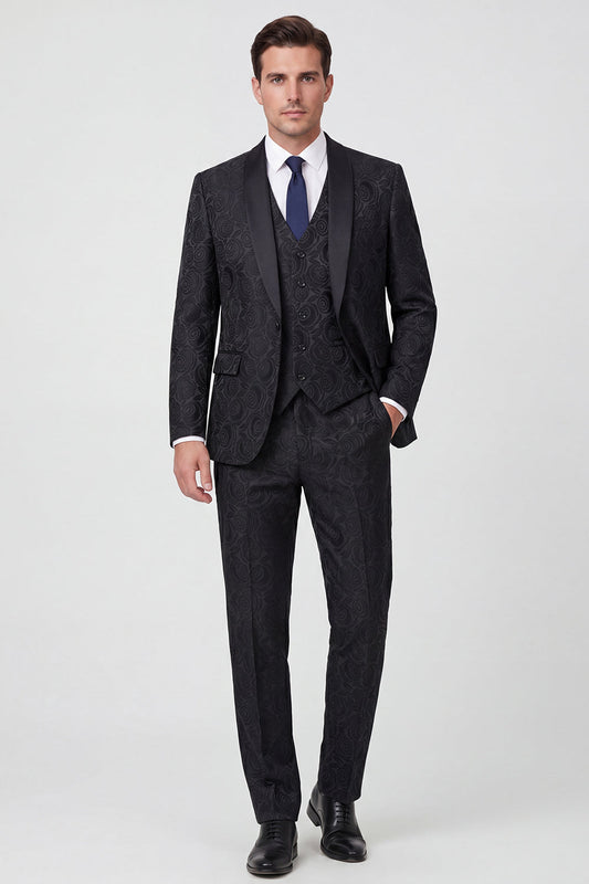 Costume de bal 3 pièces pour homme à un bouton avec revers châle noir
