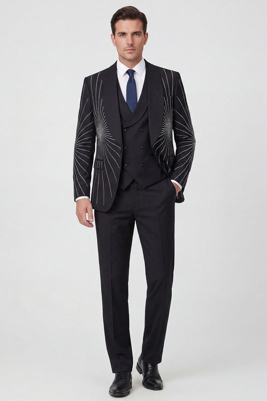 Costumes de bal pour homme 3 pièces noirs avec revers châle, un bouton et perles