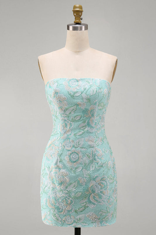 Robe courte de cocktail moulante bustier à sequins vert menthe