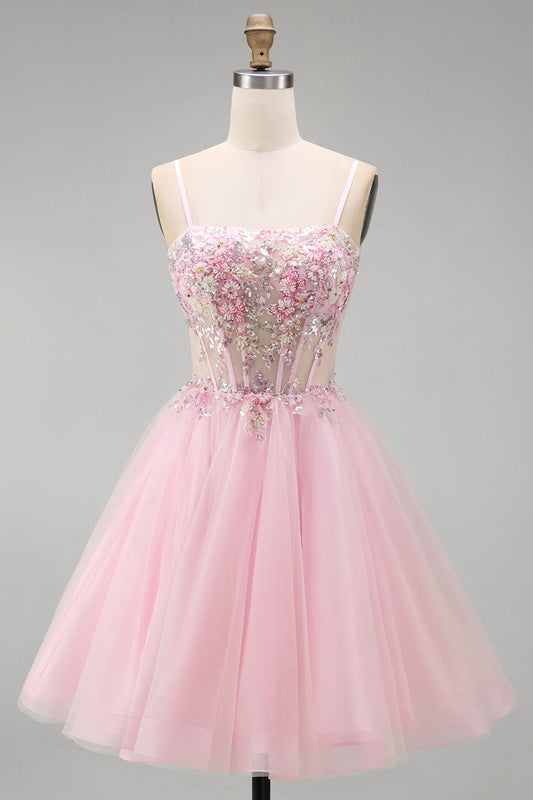 A-Line Pink Floral Corset Spaghetti Straps Sequins Short Homecoming Dress with Beading