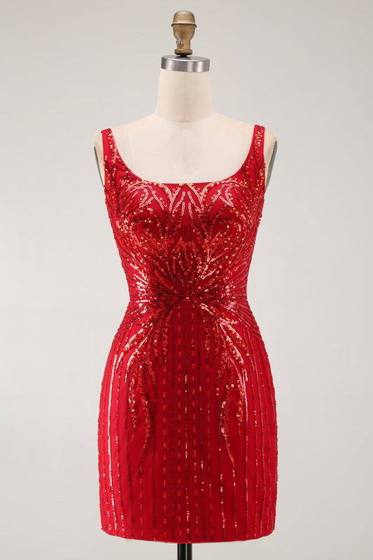 Robe courte de bal moulante à paillettes bordeaux scintillantes et encolure carrée
