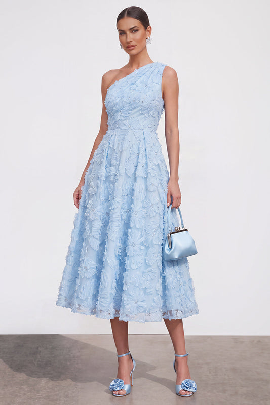 Robe midi bleu ciel asymétrique à volants floraux et perles
