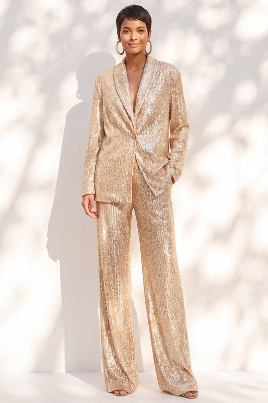 Champagne Sequin Pantsuits Shawl Lapel Long Women's Suits