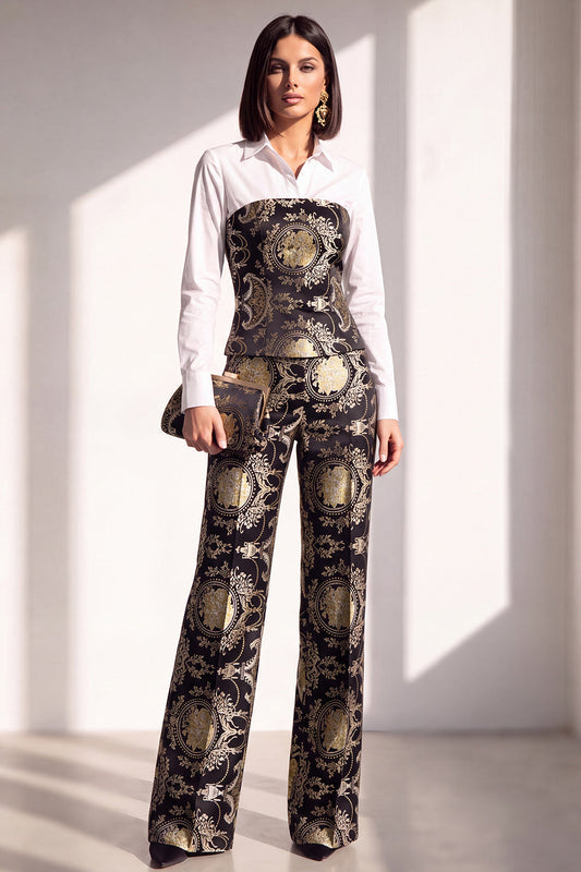 Black Golden Corset Printed Pant Suits Women's Suits