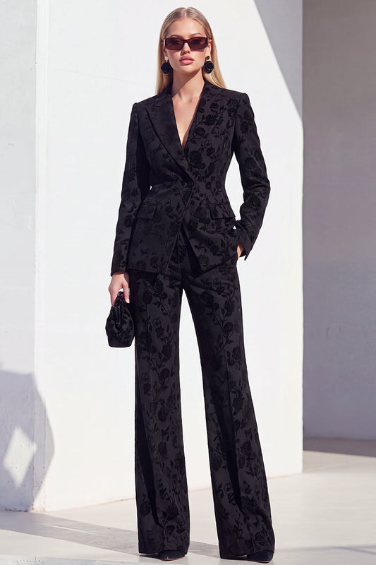 Vintage Black Floral Printed Peak Lapel Long Women's Suits
