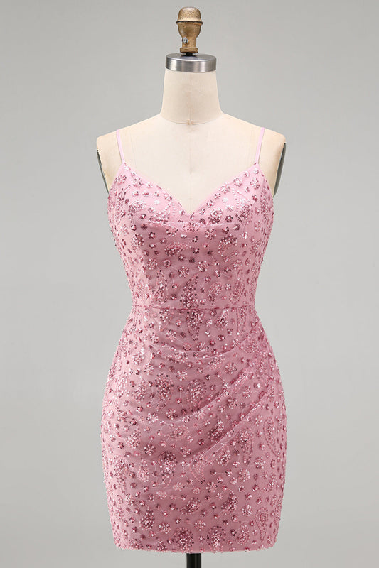 Robe de bal courte moulante Dusty Rose avec laçage au dos, bretelles spaghetti et perles