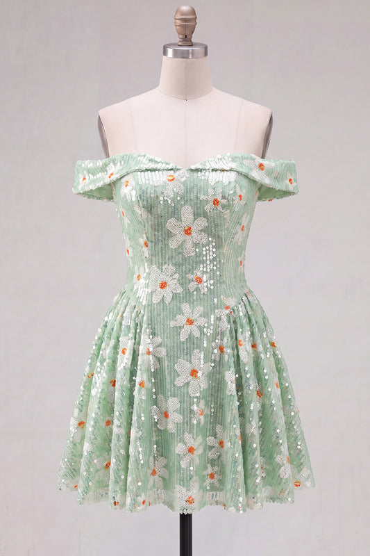 Robe courte de bal de fin d'année verte à sequins floraux, coupe trapèze, épaules dénudées et dos lacé