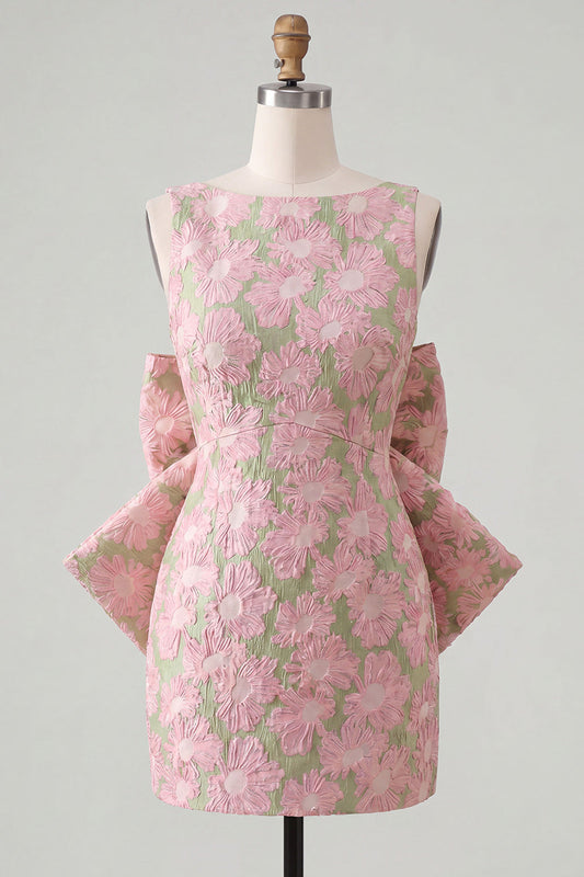Pink Green Jacquard Bodycon Bateau Neck Floral Homecoming Dress with Large Bow