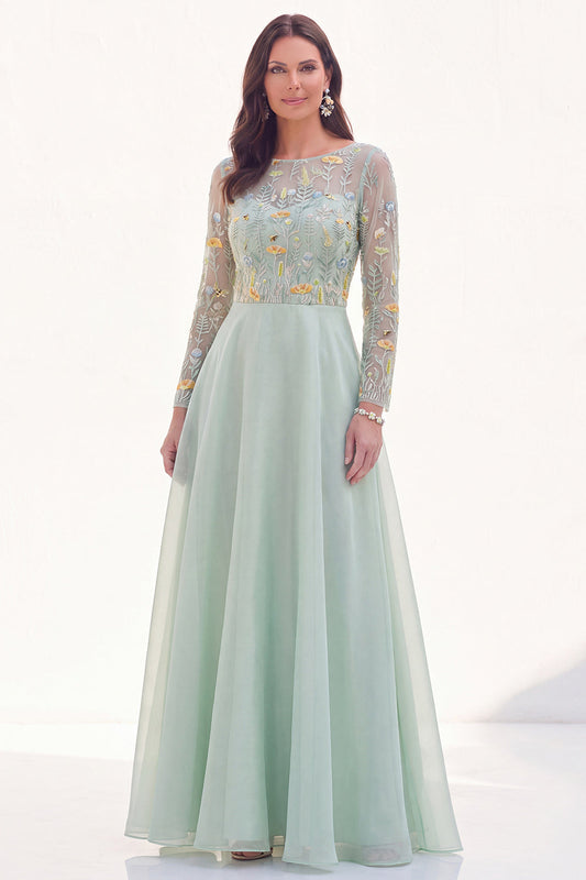 Robe de mère de la mariée trapèze en mousseline vert, col bateau, florale à manches longues