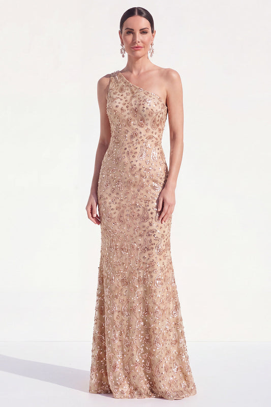 Mermaid Champagne One Shoulder Floral Mother of the Bride Dress with Sequins