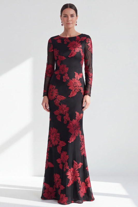 Robe longue rouge sirène à encolure bateau et motif floral pour la mère de la mariée