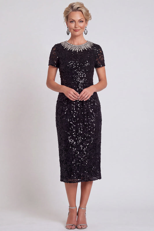 Robe midi fourreau noire scintillante à col rond, ornée de sequins et de perles, idéale pour la mère de la mariée