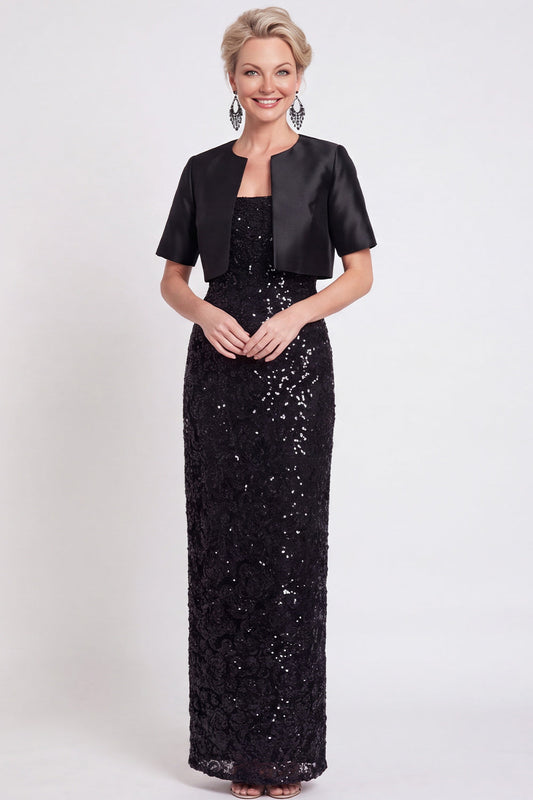 Robe longue fourreau noire à paillettes fendue pour mère de la mariée