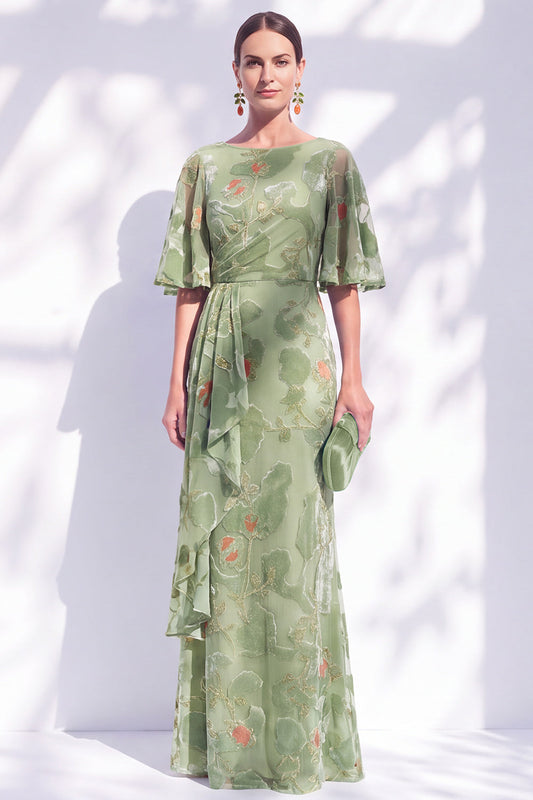 Robe sirène longue de couleur sauge, à encolure bateau et froncée, ornée d'un motif floral, avec ceinture, pour mère de la mariée.