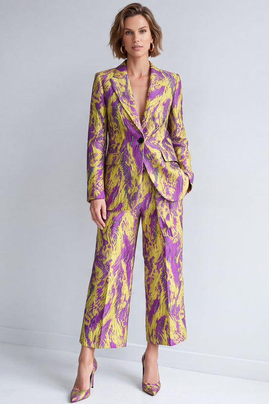 Yellow and Purple 2 Piece Peak Lapel One Button Women's Suits