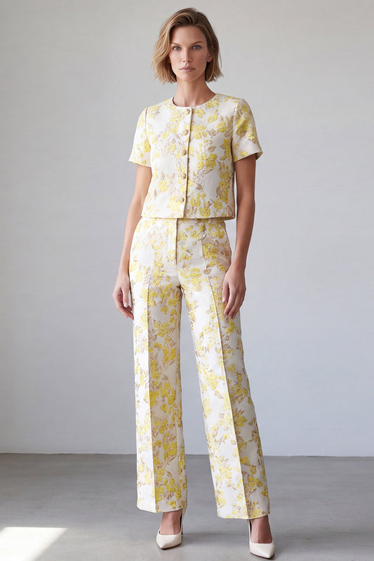 2 pièces, jaune clair, col rond, simple boutonnage, costume de bal fleuri