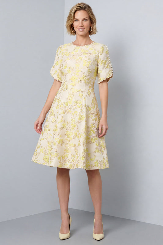 A-Line Light Yellow Round Neck Floral Midi Work Dress
