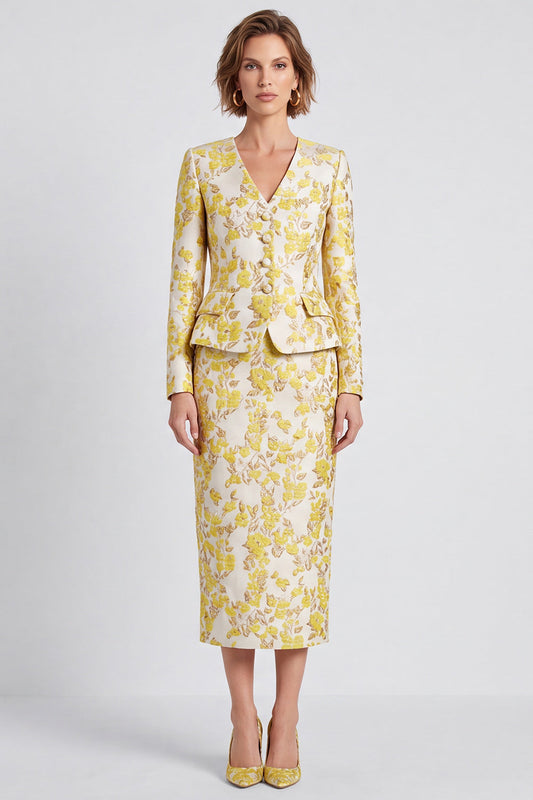 Light Yellow V-Neck Bodycon Floral Single Breasted Midi Work Dress with Slit