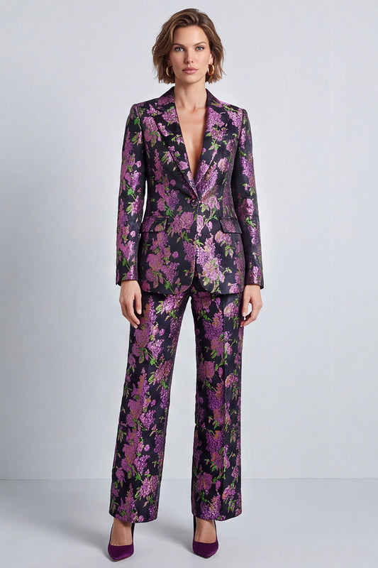 Black Purple Flower 2 Piece Notch Lapel One Button Prom Suit
