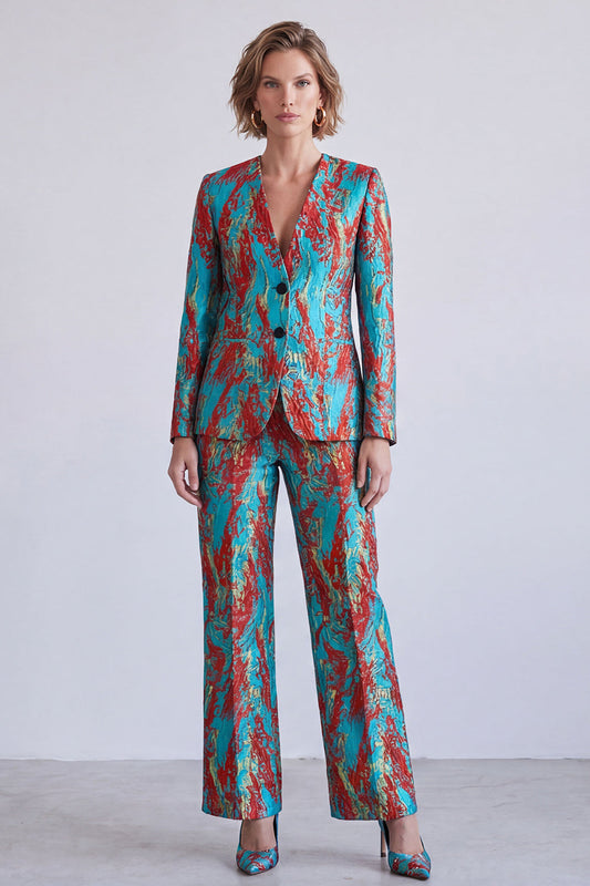 Blue and Red 2-Piece Single-Breasted V-Neck Women's Suits