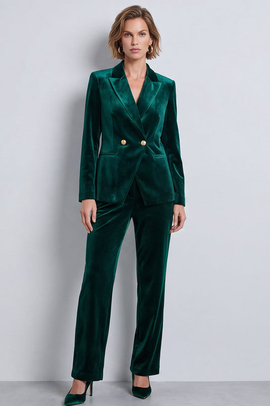 Costume croisé 2 pièces en velours vert foncé à revers larges pour femme